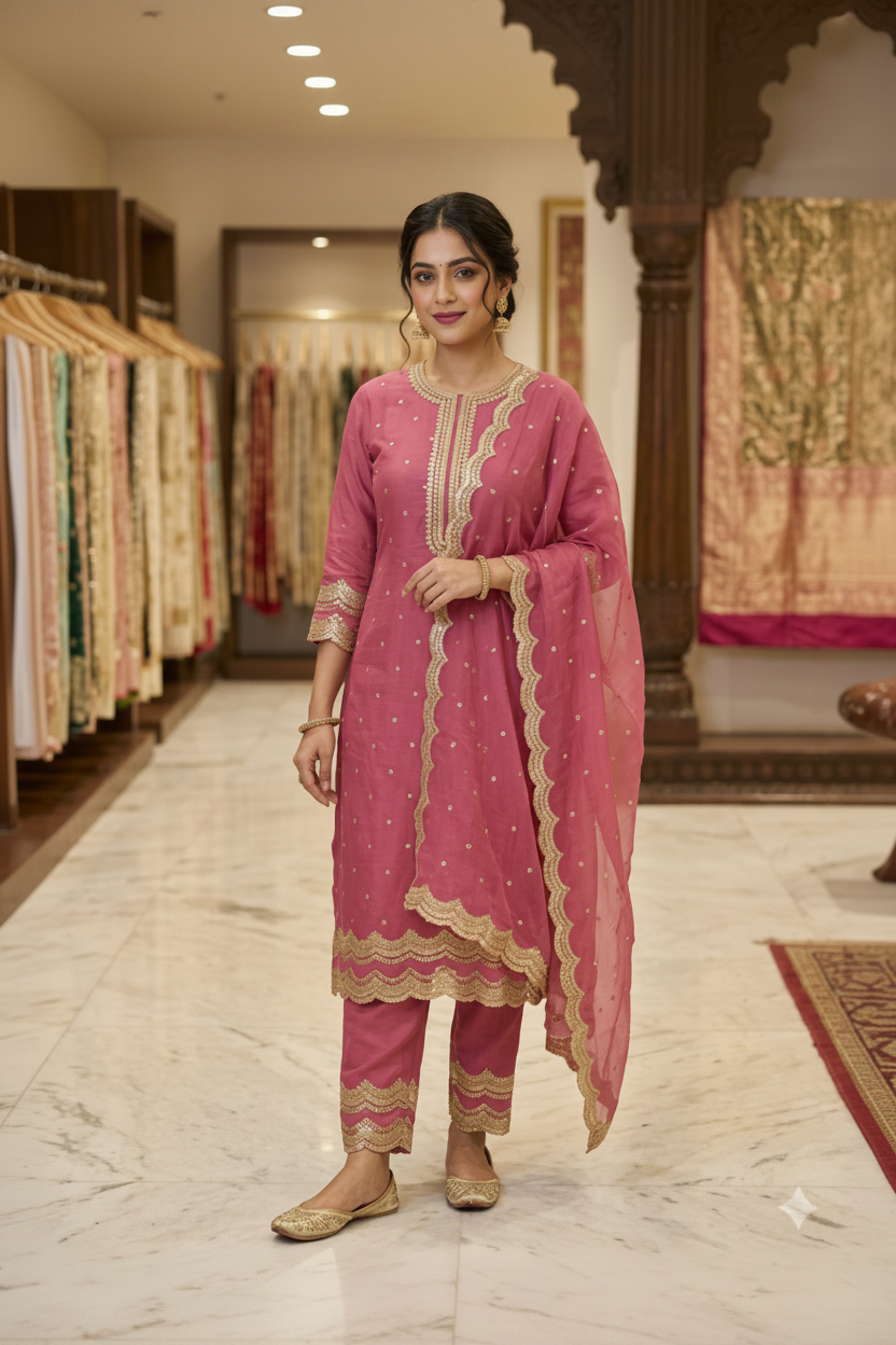 Gulabi Shahi – Embroidered Kurta Pant & Dupatta Set Fabric