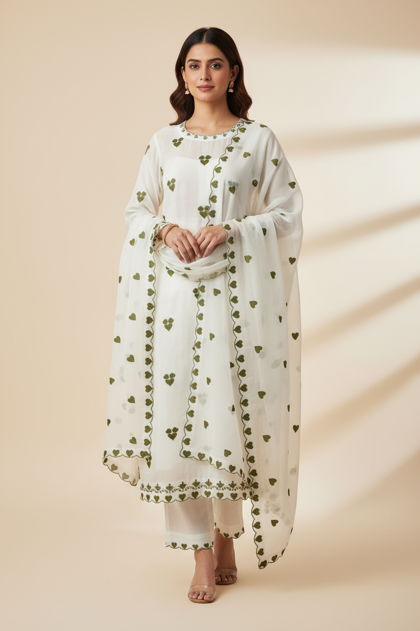 Kora Cotton Green Heart Design Fabric