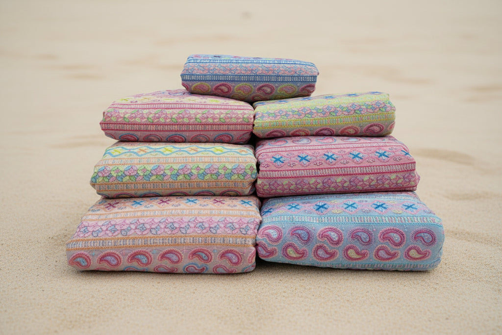 Stack of colorful fabric rolls on a tiled floor