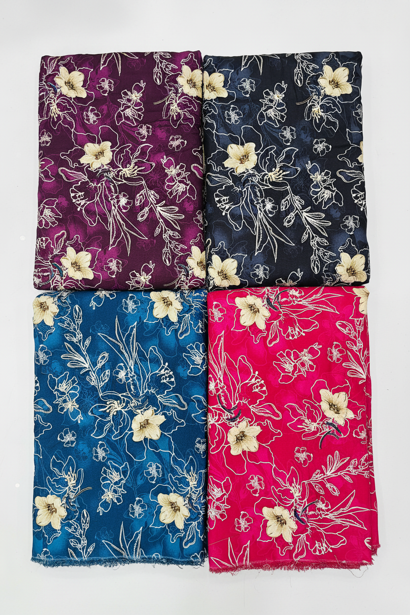 Four floral-patterned scarves in purple, navy, blue, and red on a light background.