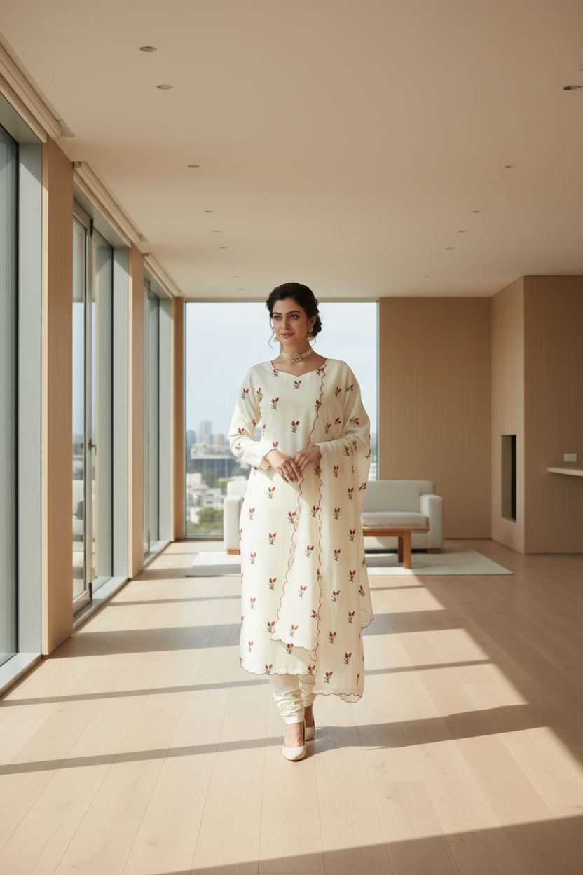 Woman in a white dress standing in a modern room with large windows.