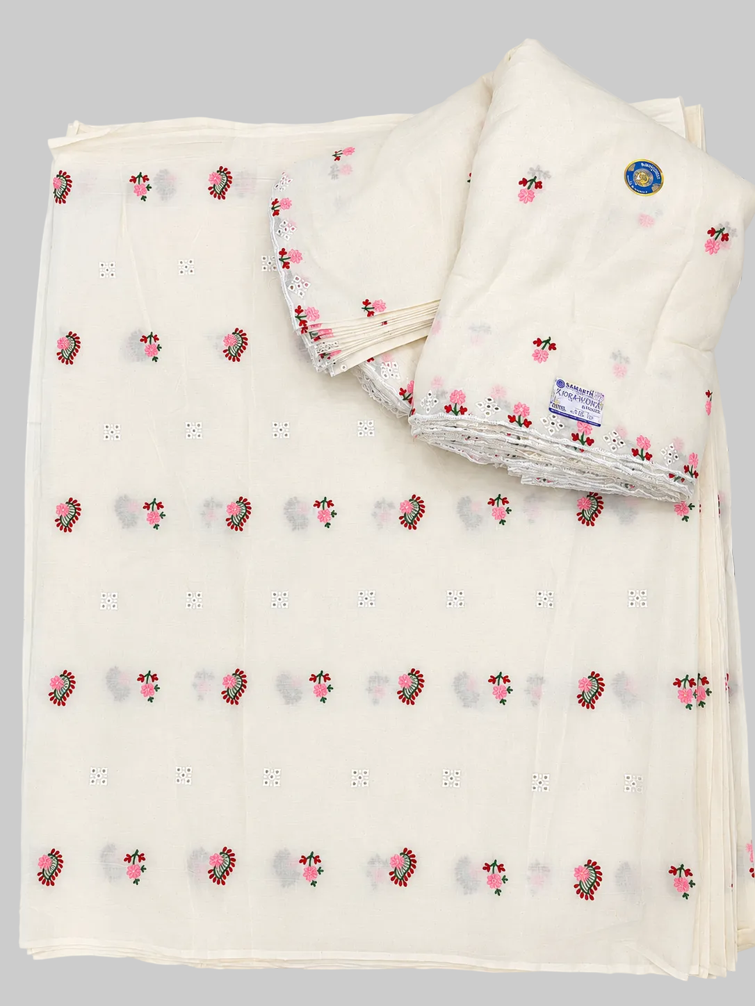 Folded fabric with floral patterns on a white background