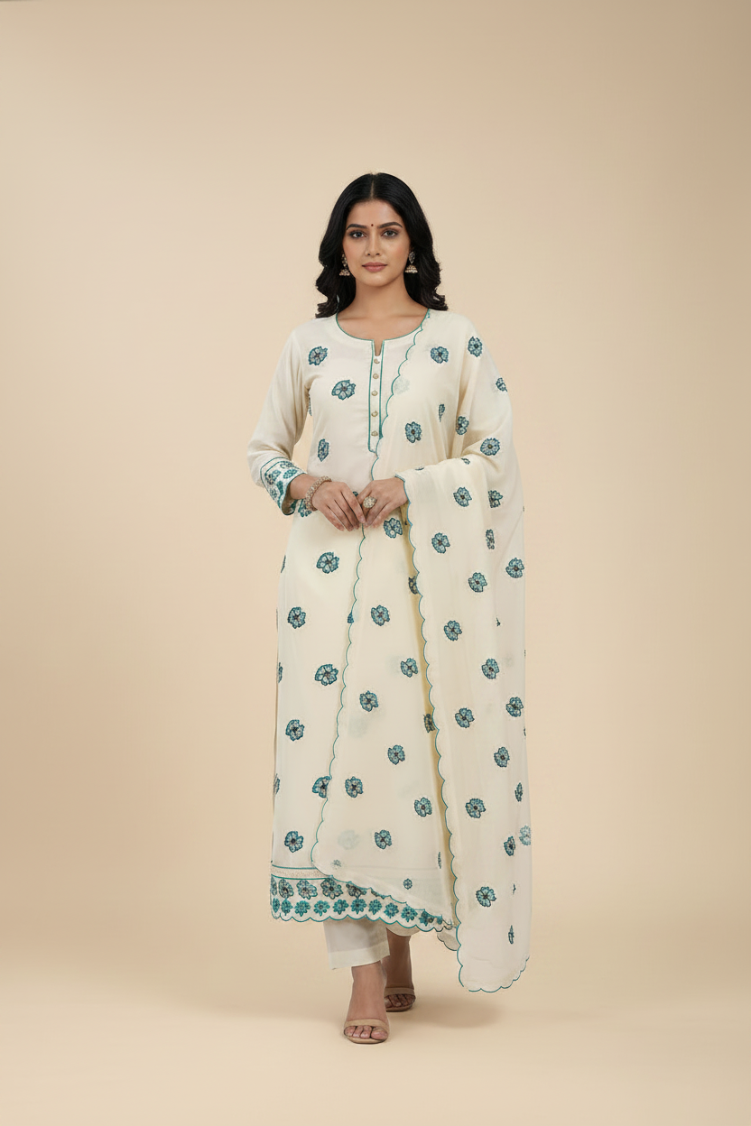 White fabric with blue floral patterns on a marble surface